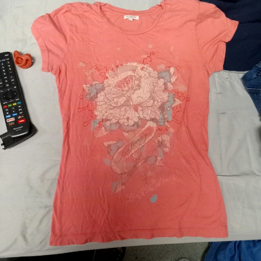 Small Love Kills Ed Hardy flower peach tee t-shirt